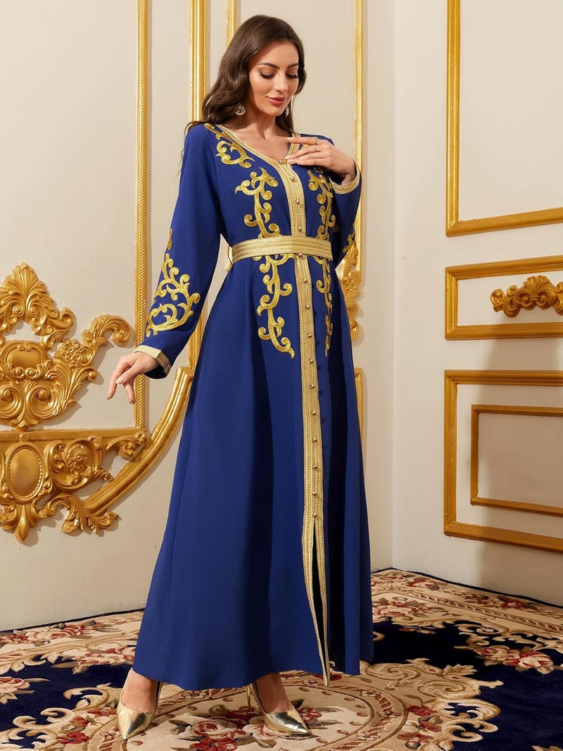 Elegant Royal Blue Maxi Dress with Gold Embroidery - Muslim Women's Abaya - Image 2