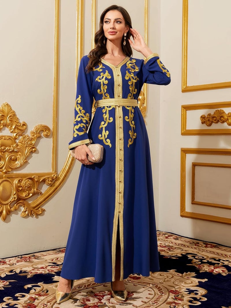 Elegant Royal Blue Maxi Dress with Gold Embroidery - Muslim Women's Abaya - Image 3
