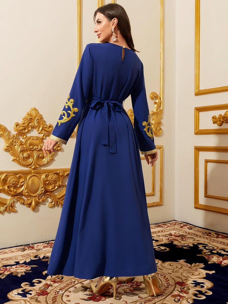 Elegant Royal Blue Maxi Dress with Gold Embroidery - Muslim Women's Abaya - Image 5