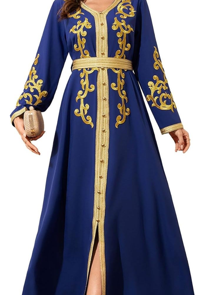Elegant Royal Blue Maxi Dress with Gold Embroidery - Muslim Women's Abaya - Image 1