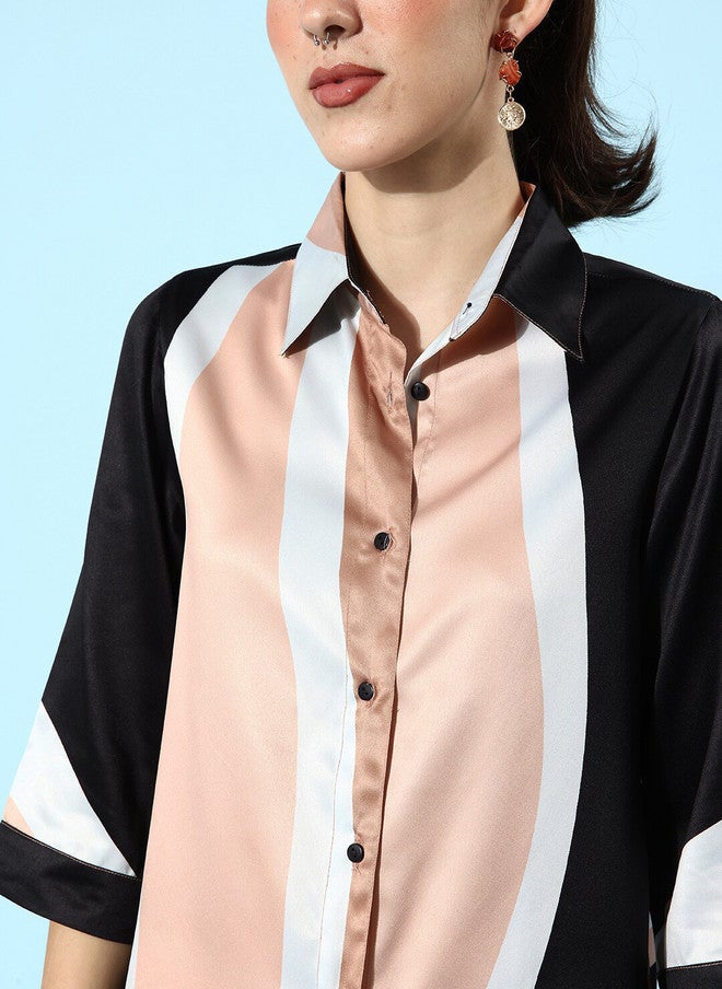 StyleStone قميص ساتان مخطط باللونين الوردي والأسود مع بنطلون من ستايل ستون - Image 2