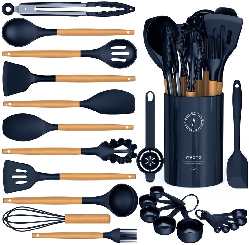 AVGPD Silicone Cooking Utensils Set - Silicone Kitchen Utensils for Cooking Wooden Handles, 446°F Heat Resistant Kitchen Utensil Spatula Sets w Holder, Gadgets for Non-Stick Cookware BPA FREE (Navy Blue) - Image 1