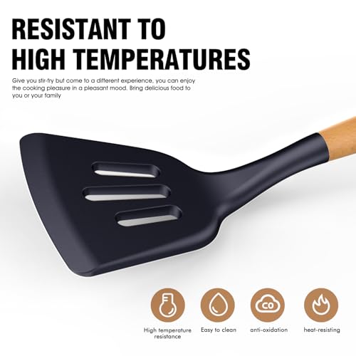 AVGPD Silicone Cooking Utensils Set - Silicone Kitchen Utensils for Cooking Wooden Handles, 446°F Heat Resistant Kitchen Utensil Spatula Sets w Holder, Gadgets for Non-Stick Cookware BPA FREE (Navy Blue) - Image 3