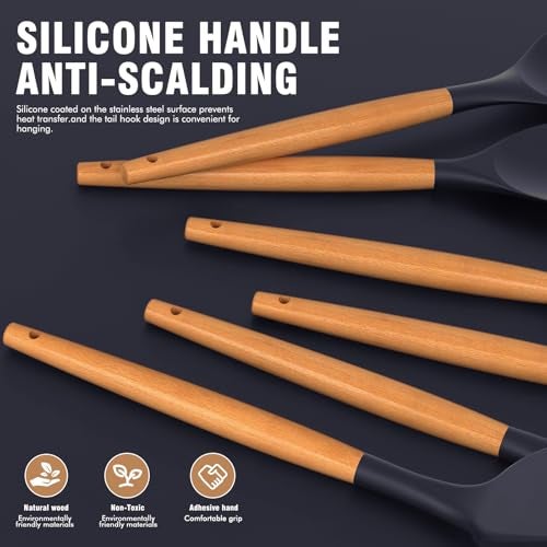 AVGPD Silicone Cooking Utensils Set - Silicone Kitchen Utensils for Cooking Wooden Handles, 446°F Heat Resistant Kitchen Utensil Spatula Sets w Holder, Gadgets for Non-Stick Cookware BPA FREE (Navy Blue) - Image 2