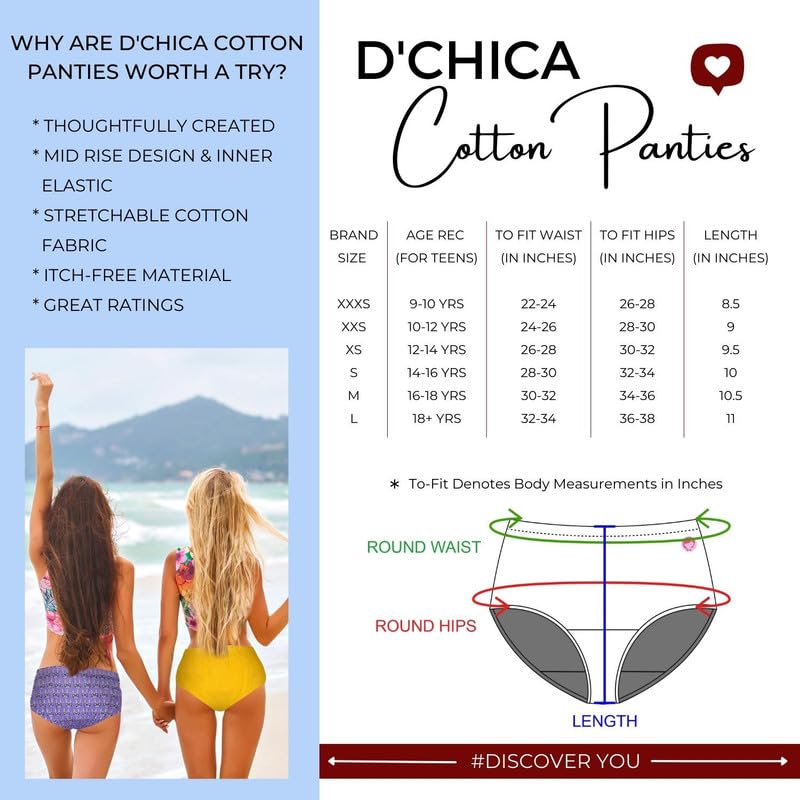 DChica Essentials (4 Pieces Colored Cotton Panties for Girls, Comfortable Mid-Waist Hipster Panty with Stretchable Soft Inner Elastic, Full Coverage Breathable Briefs - Image 2