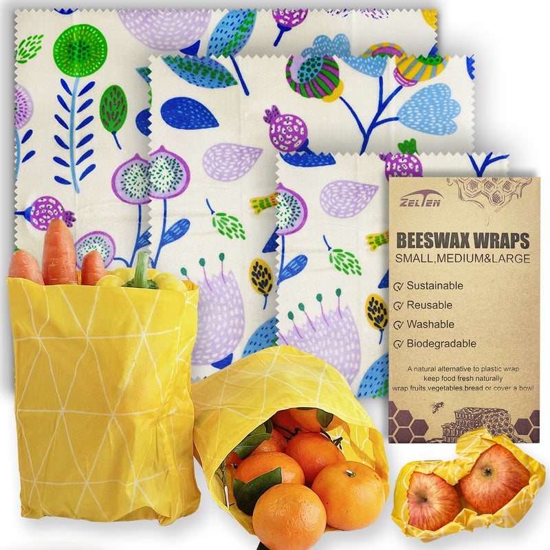 Zelten Beeswax Reusable Food Wraps - (3 Packs, 3 Sizes S,M,L) Plastic and Silicone Free, Eco-friendly Wrap, Wax Paper for Food,Flower - Image 1