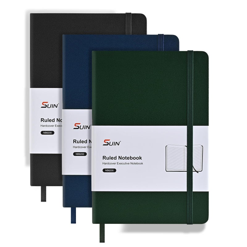 SUIN Lined Journal Notebooks for Work, School & Journaling â€“ Hardcover, Medium A5 Size 5.6 x 8 in, 160 Pages, 100 GSM Thick Paper for Note Taking & Writing (Black/Blue/Green-3Pack) - Image 1