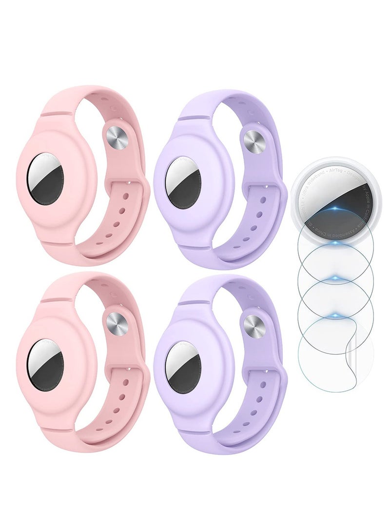 سوار AirTag للأطفال، مجموعة من 4 أحزمة ساعة سيليكون + 4 أفلام مضادة للخدش للأطفال / الأطفال الصغار / الرضع / كبار السن، سوار مقاوم للماء ملون متوافق مع Apple AirTag - Image 1