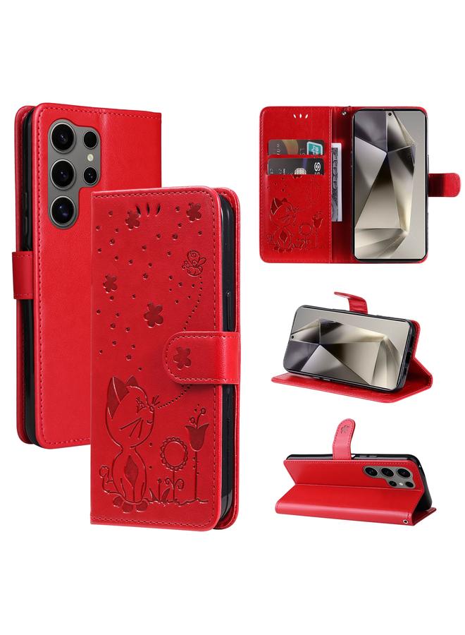 اس-توب جراب لهاتف Samsung Galaxy S25 Ultra 5G جراب هاتف من الجلد القابل للطي منقوش عليه صورة قطة ونحلة - Image 1