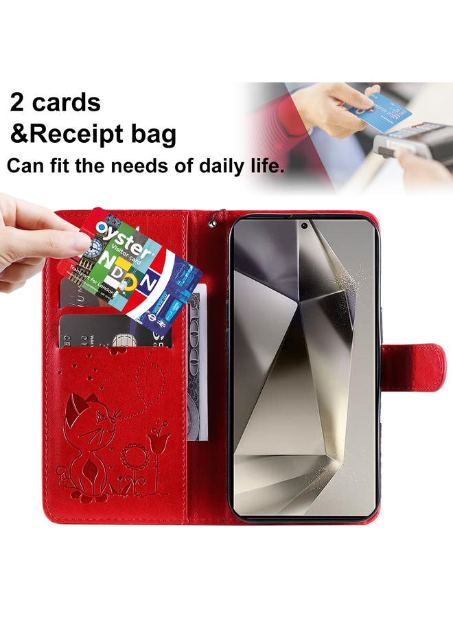 اس-توب جراب لهاتف Samsung Galaxy S25 Ultra 5G جراب هاتف من الجلد القابل للطي منقوش عليه صورة قطة ونحلة - Image 5