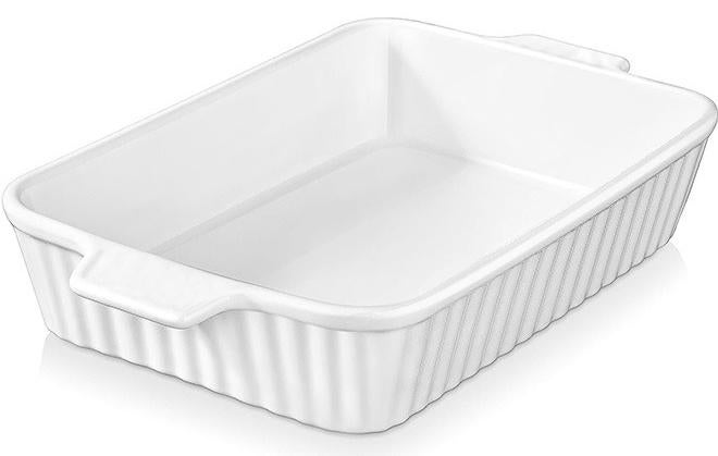 لينند طبق خزفي، طبق خبز سيراميك 39 * 22 سم، مقلاة لازانيا كبيرة عميقة، أطباق طاجن للفرن، صينية خبز عميقة 135 أونصة مع مقابض، أدوات خبز آمنة ومتينة لللازانيا والشواء، أبيض - Image 1