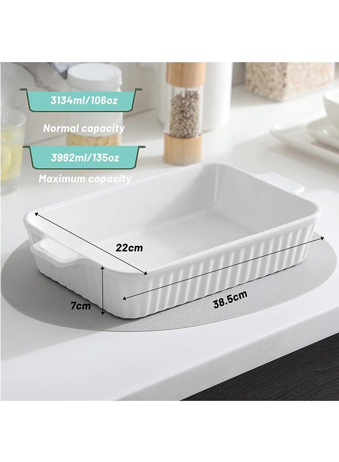 LENND Casserole Dish, 39 * 22 CM Ceramic Baking Dish, Large Lasagna Pan Deep, Casserole Dishes for Oven, 135 oz Deep Baking Pan with Handles, Oven Safe and Durable Bakeware for Lasagna, Roasts, White  - Image 2