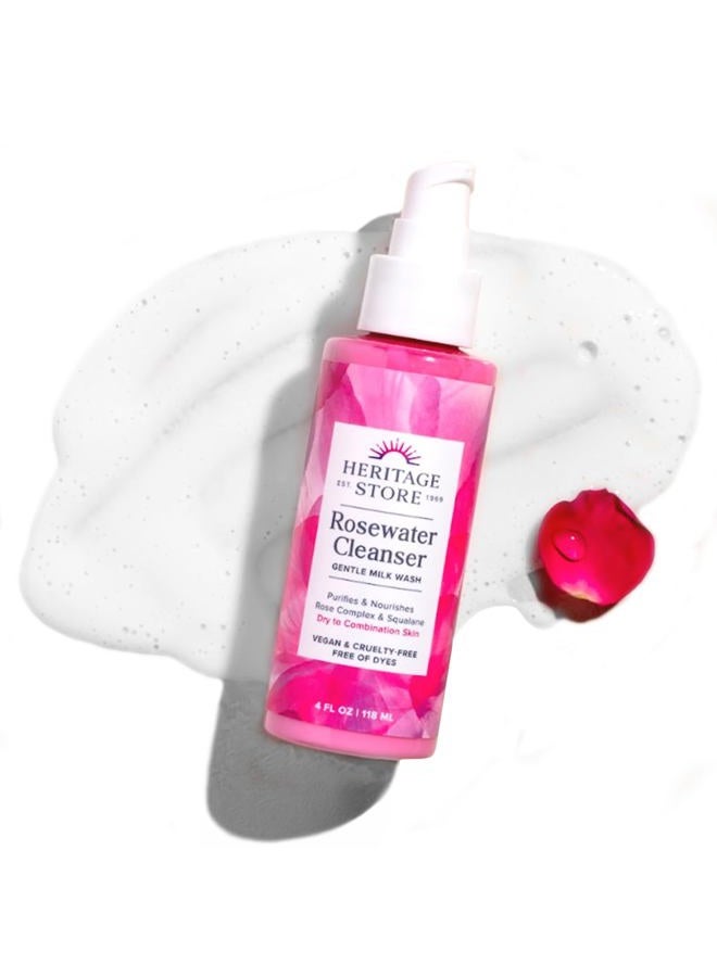 Heritage Store Rosewater Facial Cleanser - Milk Face Wash Purifies and Nourishes w/Squalane, Rose Complex, Dry Skin to Combination Skin Care, Hypoallergenic, pH Balanced, Vegan, 60-Day Guarantee, 4oz - Image 1