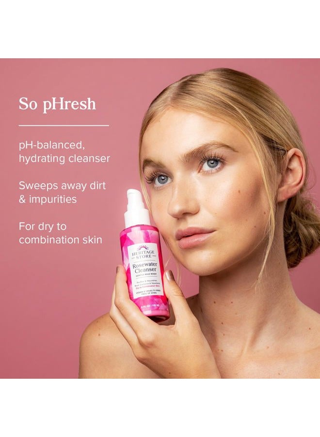 Heritage Store Rosewater Facial Cleanser - Milk Face Wash Purifies and Nourishes w/Squalane, Rose Complex, Dry Skin to Combination Skin Care, Hypoallergenic, pH Balanced, Vegan, 60-Day Guarantee, 4oz - Image 2