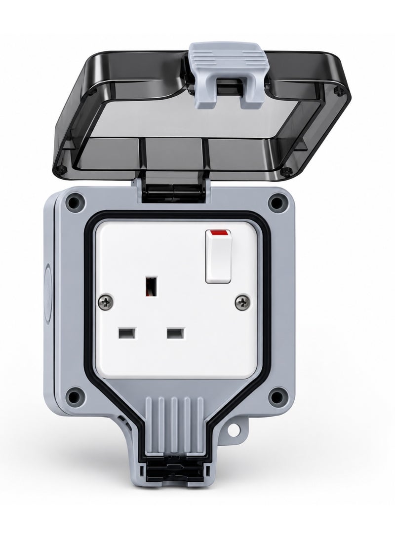 IP66 Weatherproof Outdoor Socket, 13A UK Single Switched Power Outlet with Transparent Lockable Cover, Surface-Mount Electrical Socket Box for Garden, Patio, Garage, Workshop and Outdoor Use - Image 2
