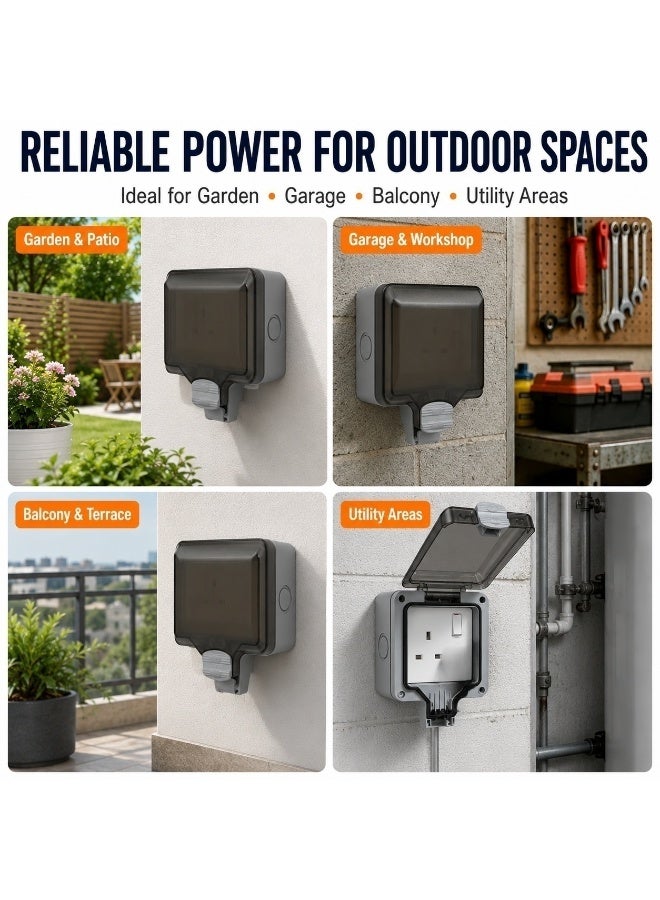 IP66 Weatherproof Outdoor Socket, 13A UK Single Switched Power Outlet with Transparent Lockable Cover, Surface-Mount Electrical Socket Box for Garden, Patio, Garage, Workshop and Outdoor Use - Image 1