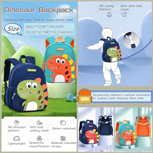 Bansusu Dinosaur Anti-lost Kids Backpack for Kindergarten Preschool Boys with Safety Leash, Lightweight Boys Small Backpack Daycare Bag, A-Dark-blue+Red - Image 3