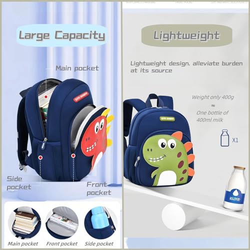 Bansusu Dinosaur Anti-lost Kids Backpack for Kindergarten Preschool Boys with Safety Leash, Lightweight Boys Small Backpack Daycare Bag, A-Dark-blue+Red - Image 4