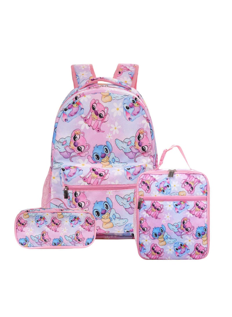 ستيتش حقيبة ظهر ستيتش كارتونية لطلاب المدارس الابتدائية والثانوية، مقاس 30*40*17 سم + حقيبة غداء 21*26*11 سم + حقيبة أقلام - Image 1