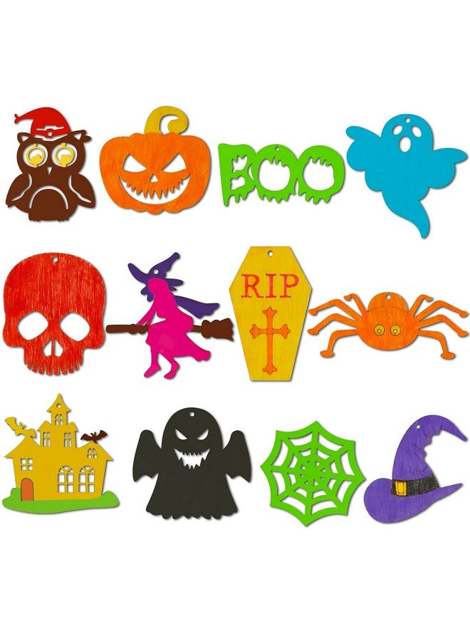 ماكس فن 60 قطعة من قطع الخشب المقطوعة لتزيين الهالوين، مصنوعة يدويًا من الخشب الطبيعي غير المكتمل والمثقوب مسبقًا للأطفال، زينة معلقة للهالوين - Image 2