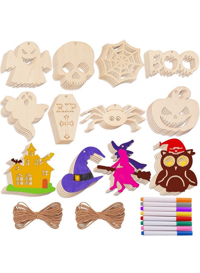 ماكس فن 60 قطعة من قطع الخشب المقطوعة لتزيين الهالوين، مصنوعة يدويًا من الخشب الطبيعي غير المكتمل والمثقوب مسبقًا للأطفال، زينة معلقة للهالوين - Image 1