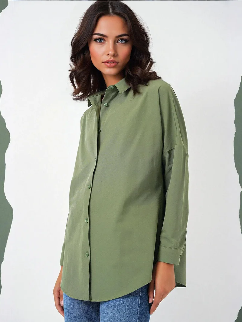 Big Dart Khaki Green BDART Oversized Patterned Poplin Shirt With Button Closure for Women | Best Price UAE