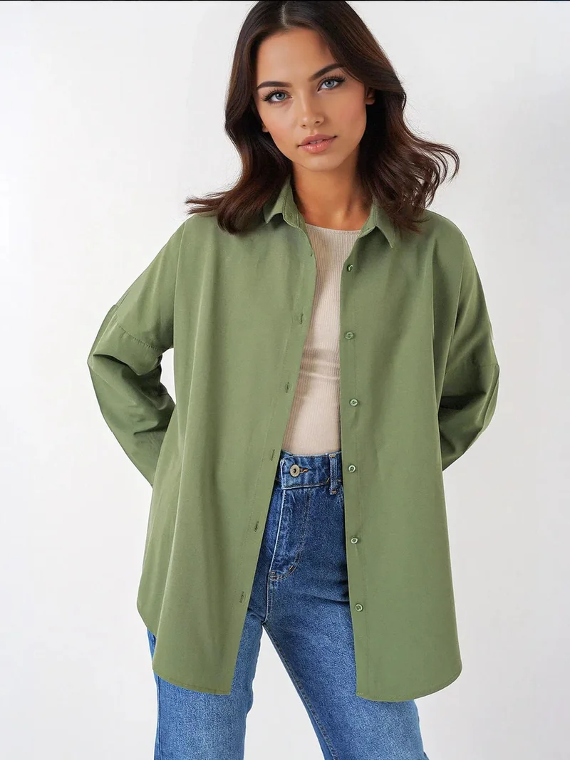 Big Dart Khaki Green BDART Oversized Patterned Poplin Shirt With Button Closure for Women | Best Price UAE
