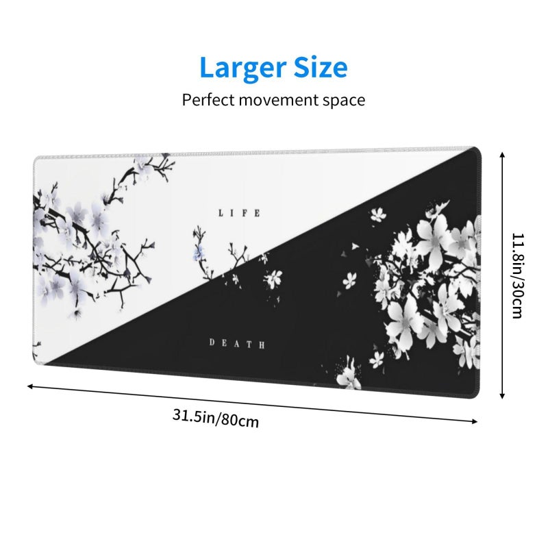 Brecoy Japanese Life Death Keyboard Mat, Black White Japanese Anime Gaming Mouse Pad for Desk with Anti-Slip Rubber Base and Stitched Edges, Japanese Sakura Pagoda Sun Mouse Pad - Image 2