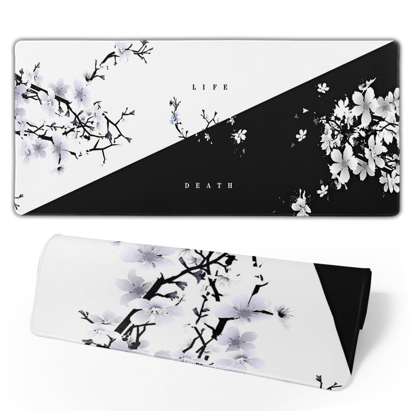 Brecoy Japanese Life Death Keyboard Mat, Black White Japanese Anime Gaming Mouse Pad for Desk with Anti-Slip Rubber Base and Stitched Edges, Japanese Sakura Pagoda Sun Mouse Pad - Image 1