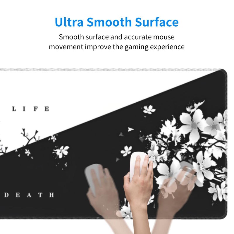 Brecoy Japanese Life Death Keyboard Mat, Black White Japanese Anime Gaming Mouse Pad for Desk with Anti-Slip Rubber Base and Stitched Edges, Japanese Sakura Pagoda Sun Mouse Pad - Image 3