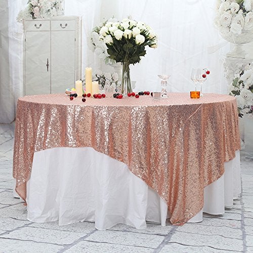 PartyDelight Sequin Tablecloth Table Overlay Square 90"x90" Rose Gold - Image 1