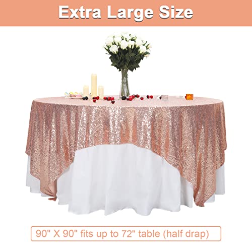 PartyDelight Sequin Tablecloth Table Overlay Square 90"x90" Rose Gold - Image 3