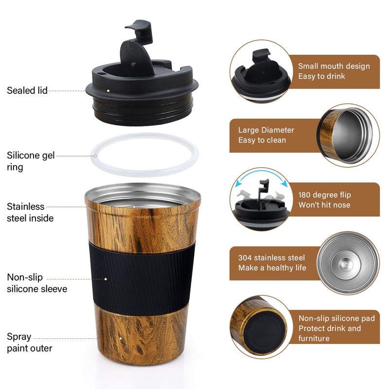CS COSDDI 12 oz Stainless Steel Vacuum Insulated Tumbler - Coffee Travel Mug Spill Proof with Lid - Thermos Cup for Keep Hot/Ice Coffee Tea and Beer (D-wood grain) - Image 1