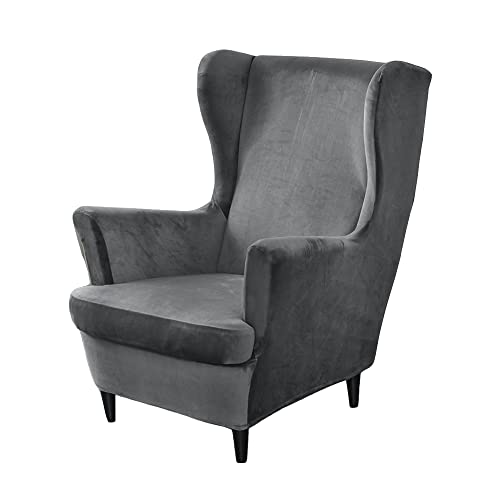 PENDEJATO Wing Chair Slipcovers 2 Piece Stretch Wingback Chair Cover Soft Velvet Armchair Covers with Elastic Bottom for Living Room Bedroom Dark Grey