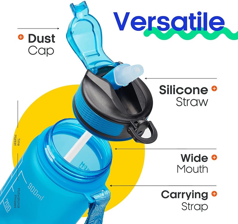 ZOKIXTO ZOKIXTO 1000Ml Leakproof BPA Free Drinking Water Bottle Straw Cup Brush with Time Marker to Ensure You Drink Enough Water Throughout The Day for Fitness and Outdoor Enthusiasts Blue  - Image 3