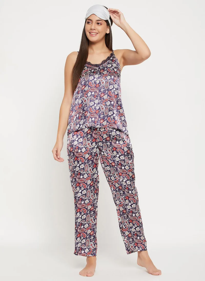 كلوفيا Clovia Paisley Print Cami Top & Pyjama Set in Navy - Satin