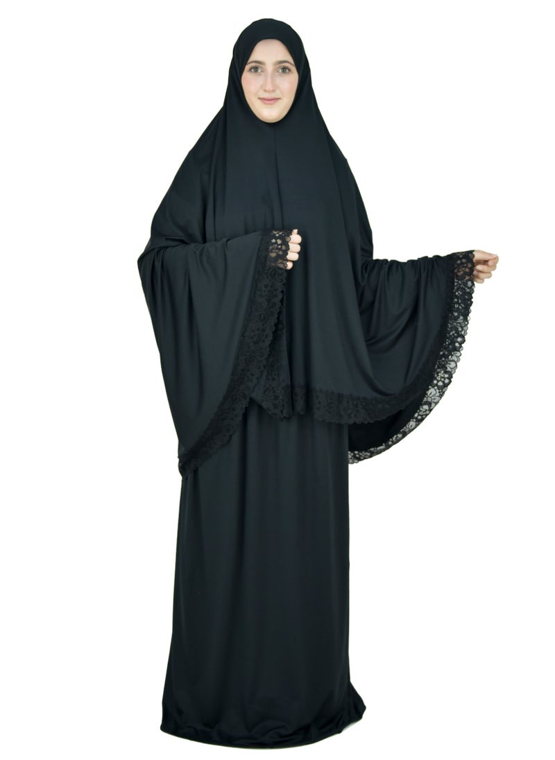 DAMAS COLLECTION Two Piece Islamic prayer dress women with Lace - Prayer Clothes for Women - Prayer Abaya For women - Jilbab 2 piece, Umrah essentials for women - Prayer set  - Image 1