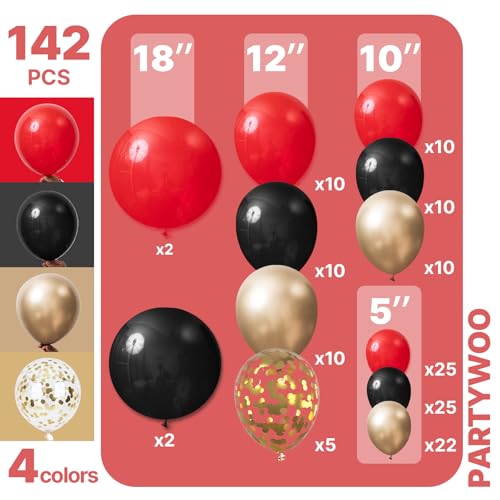 PartyWoo Red Black and Gold Balloon Arch Kit Garland 142pcs Different Sizes of 18 12 10 5 Inch Matte Black Red Metallic Gold Confetti Balloons for New Years Eve Graduation Birthday Party Decorations - Image 5