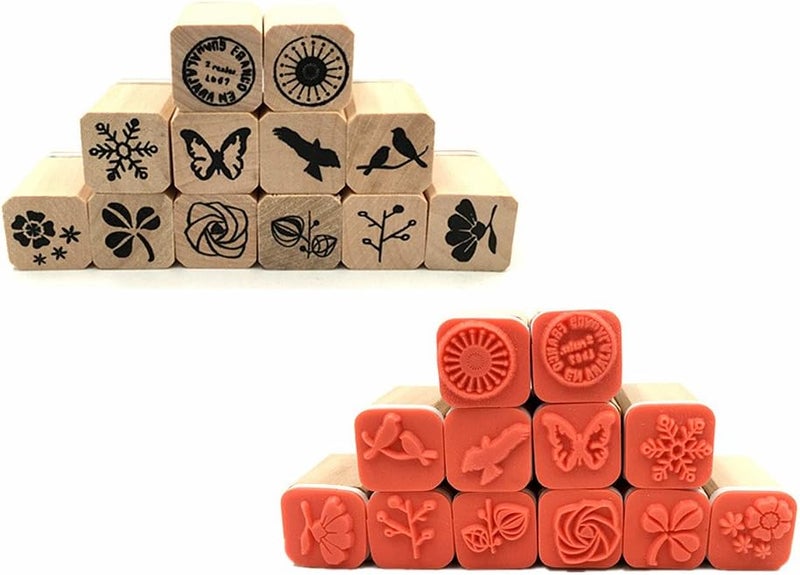 ALIMITOPIA Diary Stamp Set,Wooden Rubber Signet for Children DIY Scrapbooking Planner Album Card Making(12pcs,Natural Elements) - Image 2