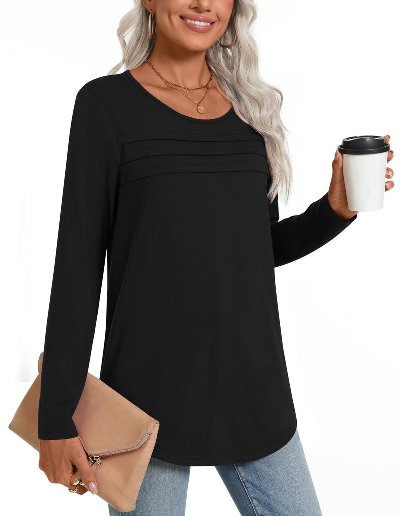 Anyhold Womens Fall Long Sleeve Tunics Tops Dressy Casual Pleated Blouses Trendy Crew Neck Shirts Large, Black - Image 2