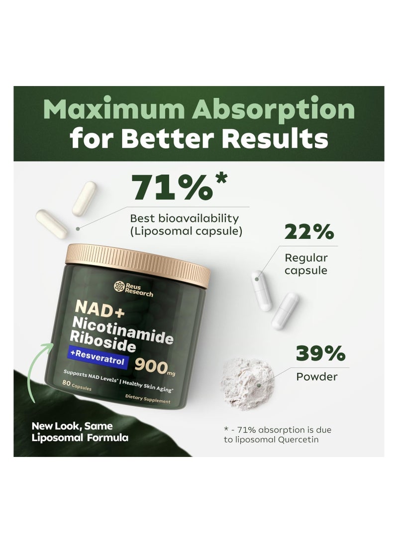 Reus Research NMN Supplement Alternative - Liposomal Nicotinamide Riboside w/Resveratrol & Quercetin - High Purity NAD Supplement for Anti-Aging, Energy, Focus - 80 Capsules - Image 2