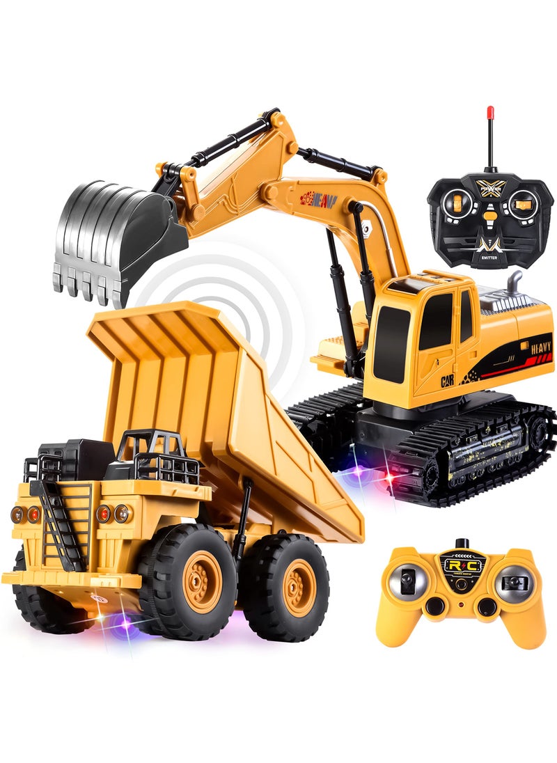 XiuWoo 2 PCS Remote Control Construction Vehicle Toy Set, Friction-Powered RC Excavator & RC Dump Truck with Lights and Sounds for Imaginative Play, Birthday Gifts for Toddlers Boys Girls  - Image 1
