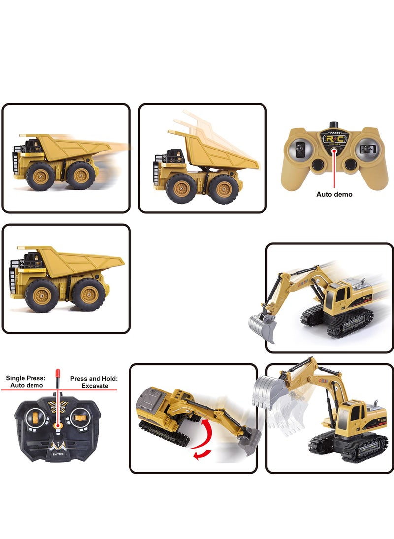XiuWoo 2 PCS Remote Control Construction Vehicle Toy Set, Friction-Powered RC Excavator & RC Dump Truck with Lights and Sounds for Imaginative Play, Birthday Gifts for Toddlers Boys Girls  - Image 2