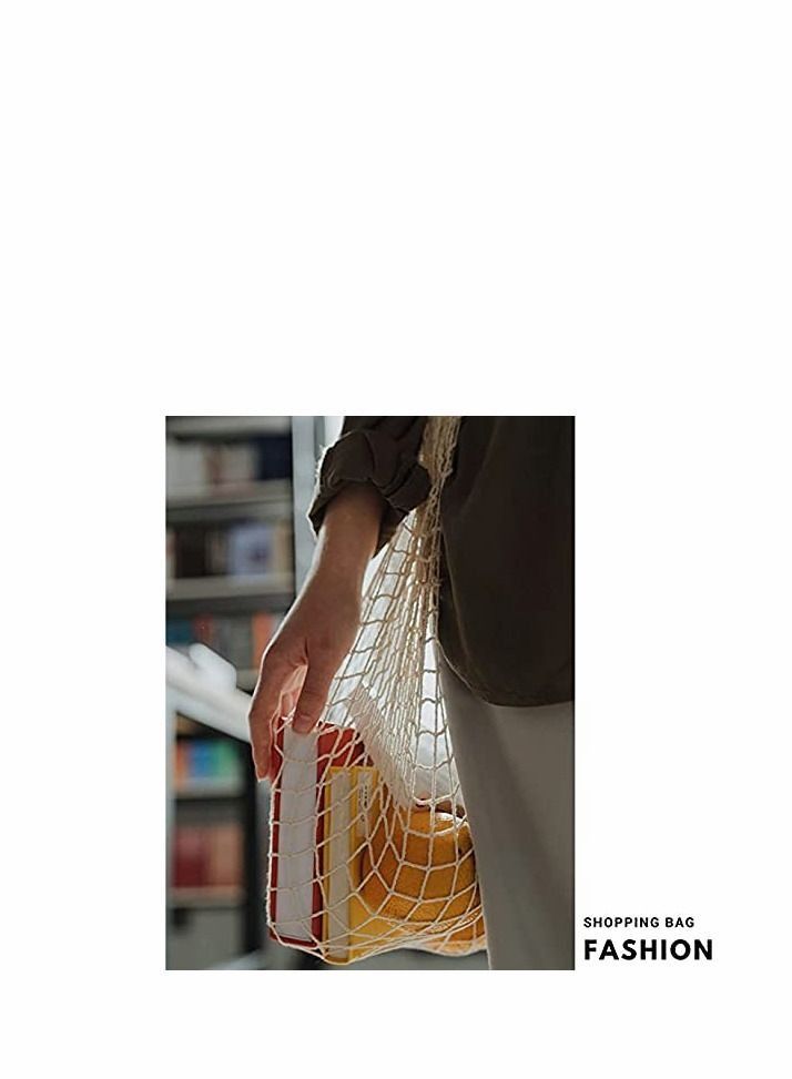 Reusable Produce Cotton Mesh Bag - Natural Cotton Net String Shopping Tote Bag,Long Handle,2PC  - Image 4