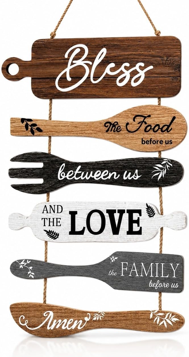 Al Raied ARS Rustic Wooden Kitchen Utensils Wall Hanging Plaque - Bless the Food Before Us Family Sign Decor for Dining Room - Image 3