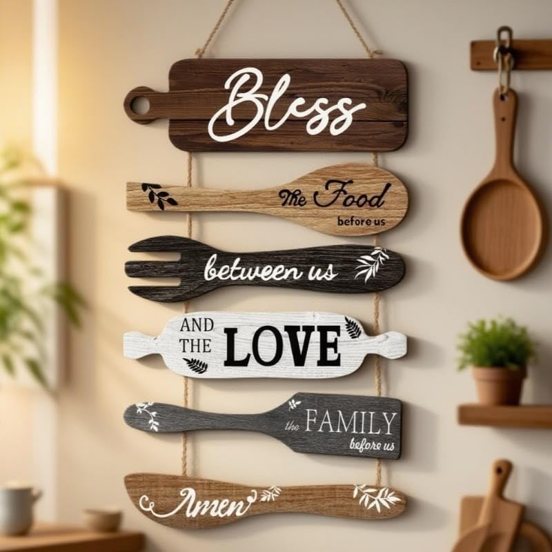 Al Raied ARS Rustic Wooden Kitchen Utensils Wall Hanging Plaque - Bless the Food Before Us Family Sign Decor for Dining Room - Image 1
