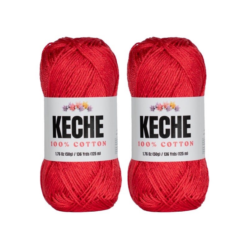 KECHE Cotton Yarn - 100% Cotton Yarn for Crocheting and Knitting, Mercerized Cotton Amigurumi Yarn Fine-Sport 2 1.76 oz (50g) / 136 Yrds (125 m) 2 Skeins - Red - Image 1