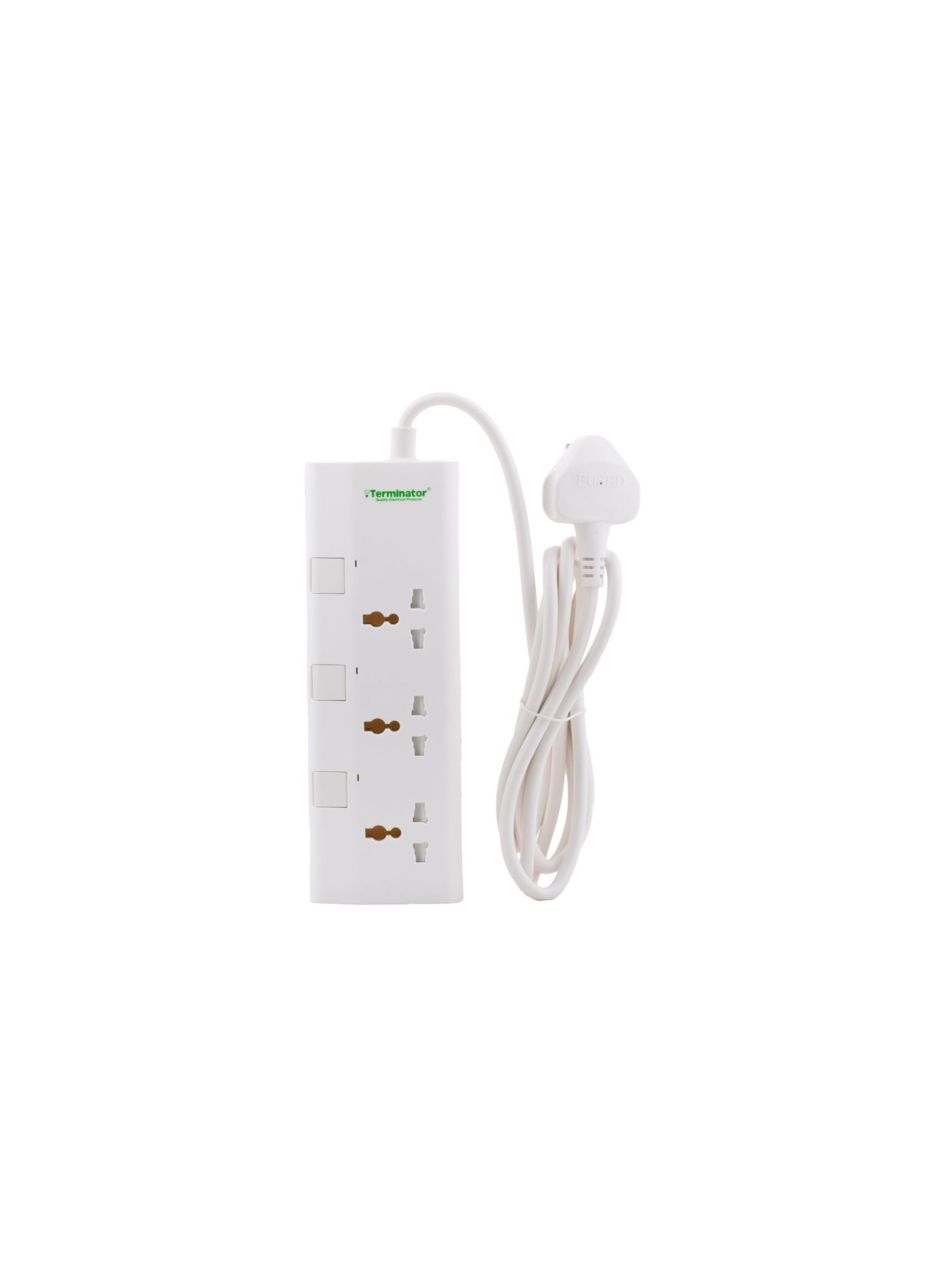 Terminator 3-way universal power extension socket with individual switches, LED indicators, 2M cable, and 13A fused plug