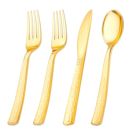 KIRE 400PCS Gold Plastic Silverware  Extra Heavy Duty Hammered Silverware Disposable Set Gold Utensils Set Include 200 Forks100 Knives100 Spoons for Party Wedding