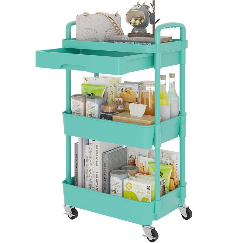 Calmootey 3Tier Rolling Utility Cart with DrawerMultifunctional Storage Organizer with Plastic Shelf Metal WheelStorage Cart for KitchenBathroomLiving RoomOfficeGreen